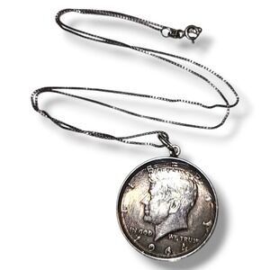 1964 Kennedy Half Dollar Silver Coin Pendant Sterling 925 Necklace 15.9g